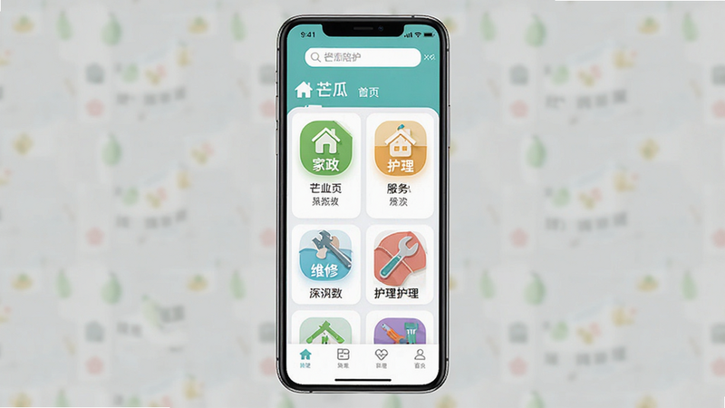 主体为芒瓜陪护APP的手机界面截图,布局为全屏展示,排版整洁,风格为现代扁平化UI设计,细节包含清晰的导航栏、醒目的服务分类图标(如家政、护理、维修)以及顶部搜索框,文字包含“芒瓜陪护”和“首页”,画质高清,干净,无多余元素
