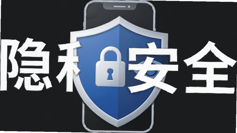 主体为隐私保护盾牌图标,布局环绕手机轮廓,排版对称,风格稳重可信,细节展示锁头与眼睛图标,画质高清,干净,无多余元素,背景为深灰色,文字“隐私安全”醒目