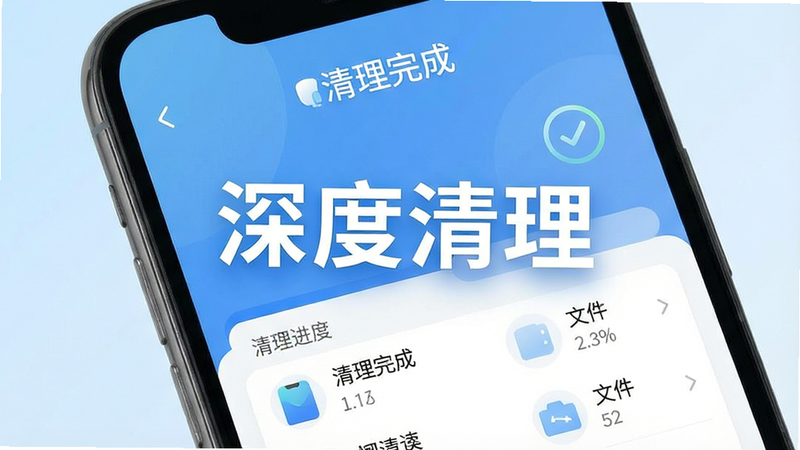 主体为手机屏幕界面,布局展示清理进度条与文件分类列表,排版清晰,风格现代简约,细节显示“清理完成”字样及释放空间数字,画质细腻,干净,无多余元素,背景为淡蓝色渐变,文字“深度清理”突出