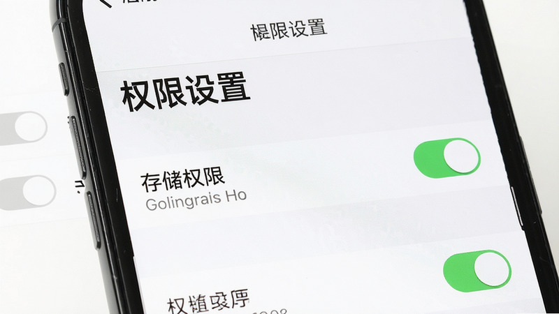 主体为手机设置界面,布局展示权限开关列表,排版紧凑,风格清晰直观,细节显示“存储权限”已开启状态,画质清晰,干净,无多余元素,背景为白色,文字“权限设置”标注