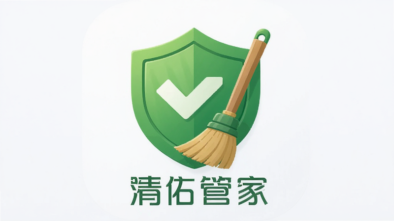主体为清佑管家安卓应用图标,布局居中,排版简洁,风格扁平化科技风,细节展示绿色盾牌与扫帚元素,画质高清,干净,无多余元素,背景为浅白色,文字“清佑管家”清晰可见