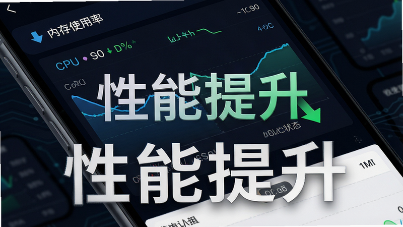 主体为手机性能监控图表,布局展示CPU与内存使用率曲线,排版专业,风格科技感,细节显示绿色下降箭头表示优化后状态,画质高清,干净,无多余元素,背景为深色,文字“性能提升”醒目