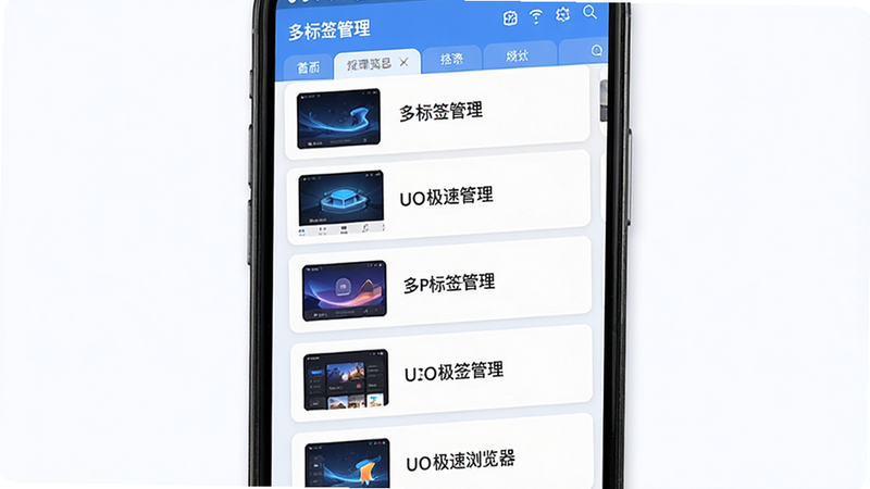 UO极速浏览器的多标签页管理界面预览,主体为手机屏幕,布局显示多个垂直排列的标签卡片,排版整齐有序,风格简洁明快,细节包含标签页缩略图和标题文本,文字“多标签管理”清晰可见,画质清晰,干净,无多余元素