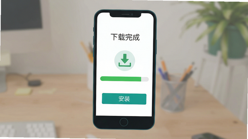 下载完成界面示意图,主体为手机屏幕,布局显示下载进度条已满,排版简洁,风格为扁平化设计,细节包含下载成功图标和“安装”按钮,文字“下载完成”清晰可见,画质高清,干净,无多余元素