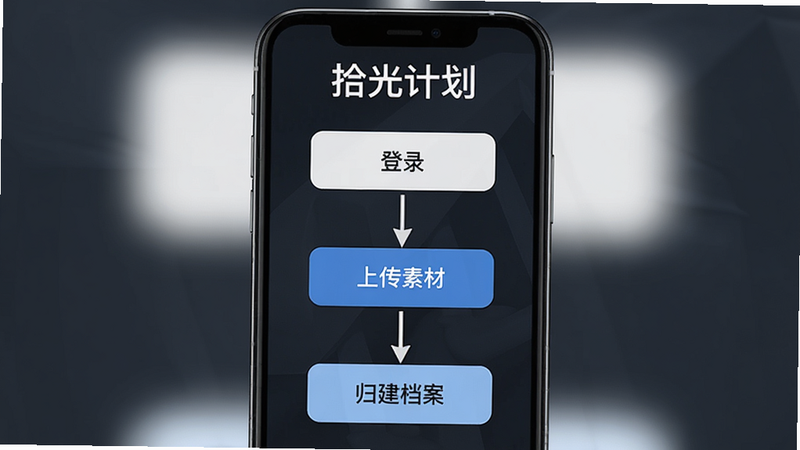 拾光计划 用户操作流程图,主体为手机屏幕展示从登录、上传素材到创建档案的步骤,布局采用垂直流程图式,排版简洁直观,风格扁平化设计,细节处标注“登录”、“上传”、“归档”等关键操作节点,画质高清,干净,文字“拾光计划”位于顶部