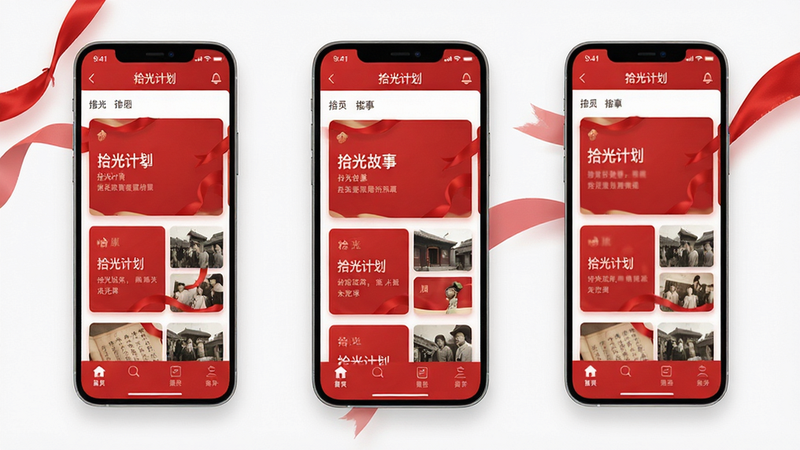 拾光计划 App 界面全景图,主体为手机屏幕展示红色主题主色调 UI,布局包含顶部导航栏、中部红色故事卡片流、底部功能标签栏,排版整齐有序,风格现代简约且富有文化气息,细节处可见红色飘带元素与历史照片缩略图,画质高清,干净无多余元素,文字“拾光计划”清晰可见