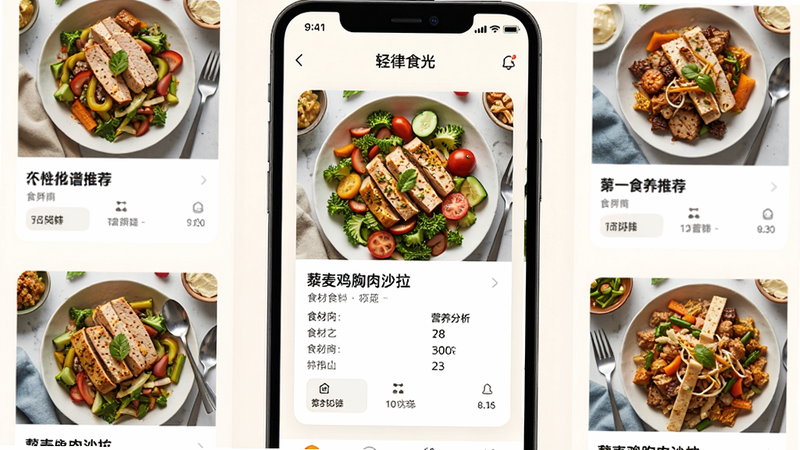 展示“轻律食光”APP的个性化食谱推荐页面,屏幕中央展示一份色彩丰富的“藜麦鸡胸肉沙拉”食谱卡片,包含图片、食材列表及营养分析,周围环绕着其他几种推荐餐点的缩略图,布局采用卡片式设计,间距适中,风格现代简约,色调温暖自然,细节处体现食材的新鲜感,画质高清,干净,无多余装饰