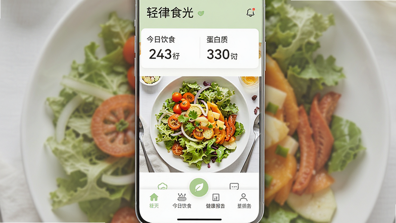 一张展示“轻律食光”APP核心界面的高质量UI设计图,主体为手机屏幕,布局清晰,顶部显示今日摄入热量与蛋白质数据,中间为精美的轻食沙拉图片,底部为简洁的功能导航栏,风格清新简约,采用白色与淡绿色为主色调,细节处有柔和的阴影效果,画质高清,干净,无多余元素,文字清晰可见“轻律食光”、“今日饮食”、“健康报告”
