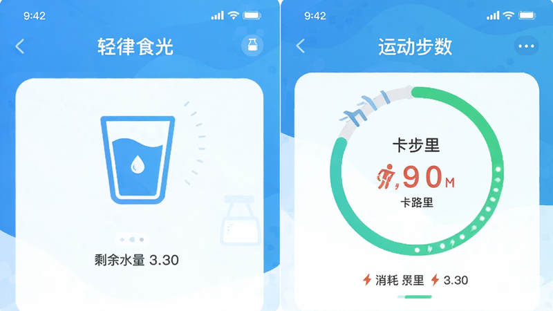 展示“轻律食光”APP的饮水与运动记录界面,左侧为水杯图标及剩余水量提示,右侧为运动步数环及消耗卡路里数值,界面设计简洁直观,采用蓝色与绿色为主色调,体现健康活力,布局对称,细节处有动态进度指示,画质清晰,风格扁平化,无复杂背景,突出核心数据