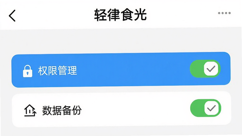 展示“轻律食光”APP的设置页面,高亮显示“权限管理”和“数据备份”选项,界面简洁明了,图标清晰,背景为白色,文字黑色,布局整齐,细节处有勾选框指示已开启状态,画质清晰,无多余元素,突出设置重要性