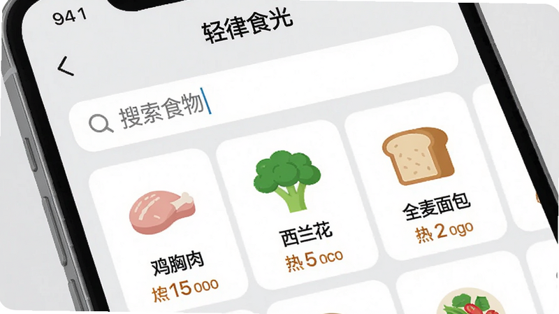 特写镜头展示“轻律食光”APP内的食物搜索界面,屏幕上显示“搜索食物”输入框,下方列出“鸡胸肉”、“西兰花”、“全麦面包”等食物图标及对应热量数值,界面布局规整,图标设计扁平化且色彩鲜明,背景为纯净的浅灰色,细节丰富,体现数据准确性,画质细腻,无杂乱背景