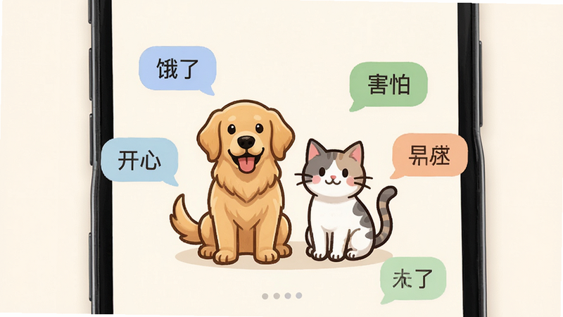 手机界面展示宠物语言对话器APP,屏幕中央显示一只卡通金毛犬和一只卡通猫,周围环绕着对话气泡,气泡内显示“饿了”、“开心”、“害怕”等中文标签,背景为柔和的米白色,风格清新简约,高清,无多余元素