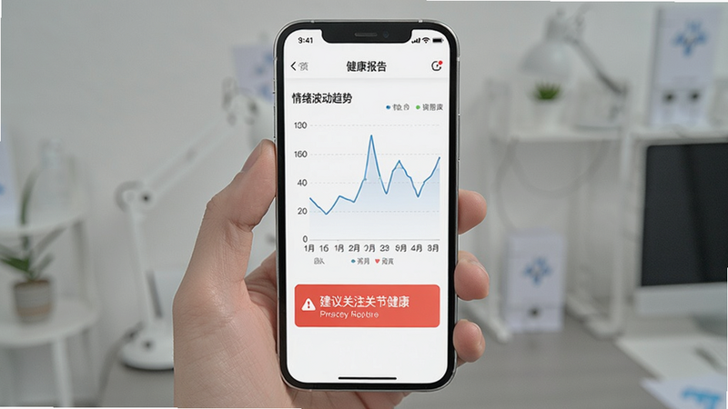 手机界面展示健康报告页面,包含折线图显示情绪波动趋势,下方有“建议关注关节健康”的红色提示框,界面简洁专业,白色背景,字体清晰,无杂乱元素