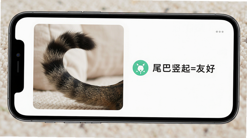 手机界面展示行为识别功能,左侧是猫咪尾巴的特写照片,右侧对应显示“尾巴竖起=友好”的图解说明,排版整齐,图标清晰,风格扁平化,高清