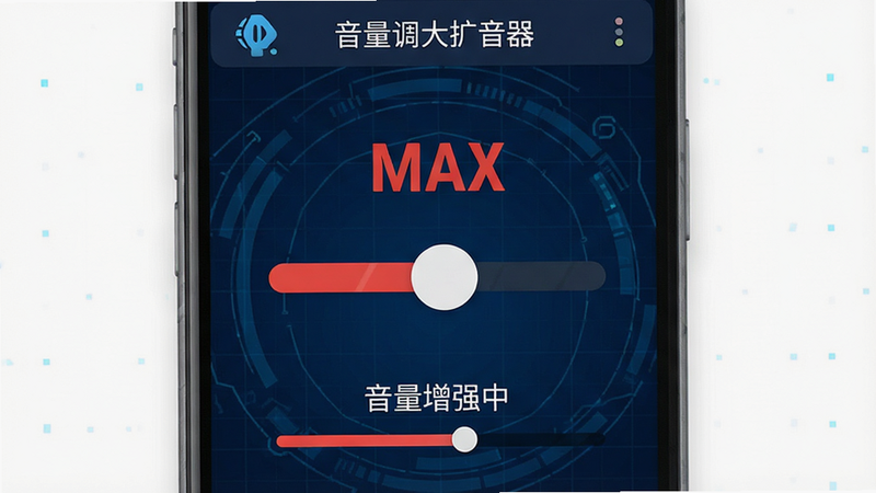 主体为一款名为“音量调大扩音器”的安卓APP界面预览图,布局为竖屏手机屏幕,背景为深蓝色科技感网格,中央显示一个巨大的红色音量滑块,滑块上方有“MAX”字样,下方显示“音量增强中”状态,风格为扁平化UI设计,细节包含清晰的图标和进度条,画质高清,干净,无多余元素