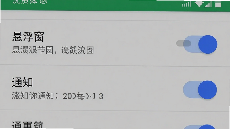 主体为手机设置权限界面截图,布局为竖屏,显示“悬浮窗”和“通知”权限的开关状态,开关均为蓝色开启状态,背景为系统设置列表,风格为原生安卓系统UI,细节包含开关的滑动轨迹和文字说明,画质清晰,干净,无多余元素