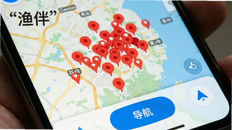 手机屏幕显示地图界面,红色标记点密集分布,底部有导航按钮,文字“导航”清晰可见,背景为淡色地图纹理,风格扁平化,细节丰富,画质清晰,文字“渔伴”加引号