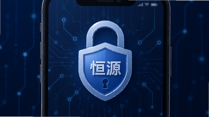 主体为锁形图标与手机界面,布局居中强调安全,排版稳重,风格深蓝科技风,细节显示
