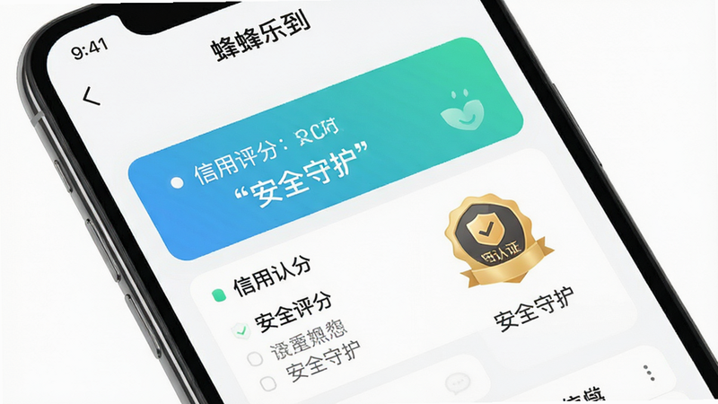 手机界面截图,主体为“蜂蜂乐到”App的个人中心页面,布局清晰,排版规整,风格简约清新,细节显示信用评分和安全认证徽章,画质锐利,干净,无多余元素,背景白色,文字加引号“安全守护”