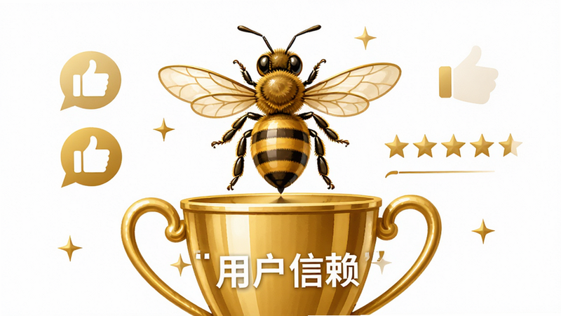 概念插画,主体为一只蜜蜂站在奖杯上,布局中心对称,排版稳重,风格金色与白色搭配,细节展示点赞图标和五星评价,画质高清,干净,无多余元素,文字加引号“用户信赖”