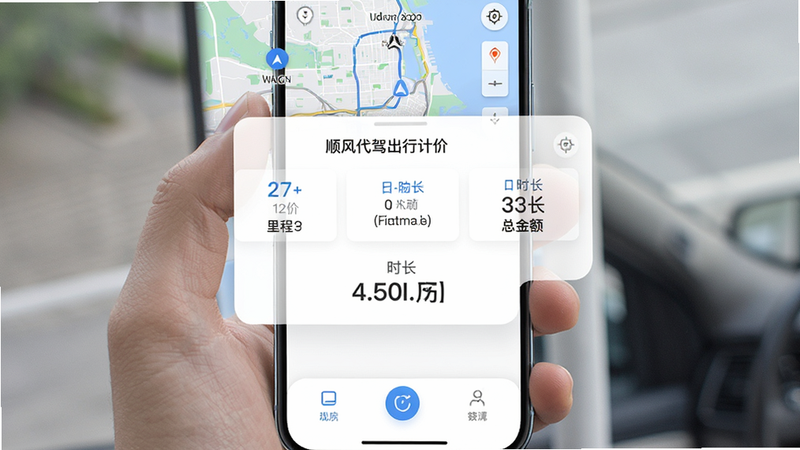 主体为“顺风代驾出行计价”APP的手机界面截图,布局清晰,顶部显示导航地图背景,中部为醒目的白色计价卡片,包含里程、时长、总金额三个核心数据块,底部为简洁的功能按钮栏,风格现代极简,细节丰富,画质高清,干净,无多余元素
