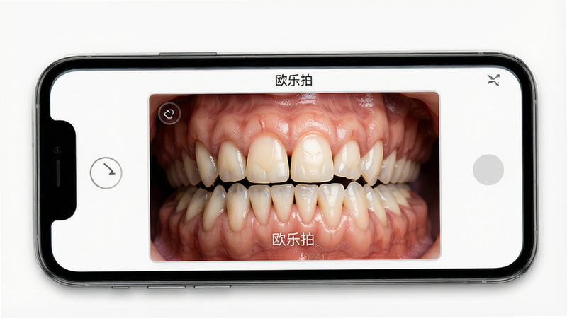 一张干净明亮的白色背景图片,主体是手机屏幕显示口腔摄影界面,界面中有清晰的牙齿特写照片,布局简洁,排版有序,风格现代医疗风,细节丰富,画质高清,无多余元素,文字标注“欧乐拍”