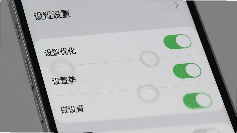 手机界面展示设置选项,背景为灰色,布局清晰,排版整齐,风格简约,细节展现开关按钮,画质清晰,文字标注“设置优化”