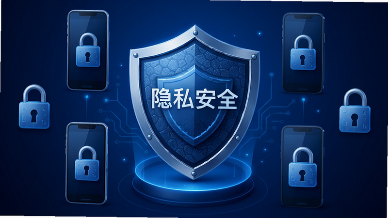 盾牌图标位于中心,周围环绕手机和锁的图标,背景为深蓝色渐变,布局稳定,排版严谨,风格安全科技风,细节展现加密纹理,画质清晰,文字标注“隐私安全”
