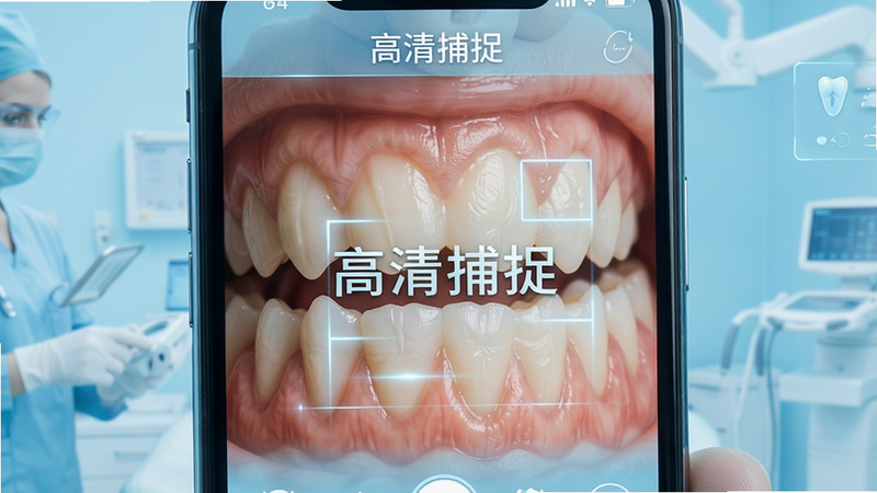 手机界面展示高清牙齿特写功能,背景为浅蓝色医疗色调,布局清晰,排版美观,风格科技感,细节展现牙齿纹理,画质清晰,文字标注“高清捕捉”