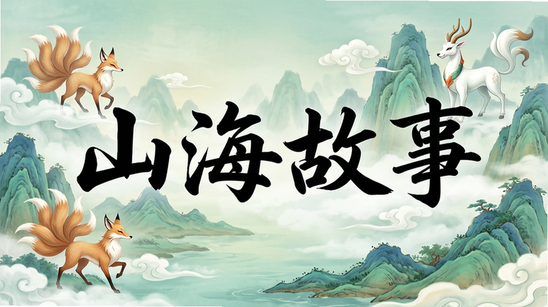一张高清横幅海报,主体是“山海故事”四个书法大字,背景为青绿山水画风,远处有若隐若现的奇珍异兽如九尾狐、白泽,云雾缭绕,色调清新淡雅,布局居中,排版大气,风格为国风插画,细节精致,画质4k,干净无杂乱元素