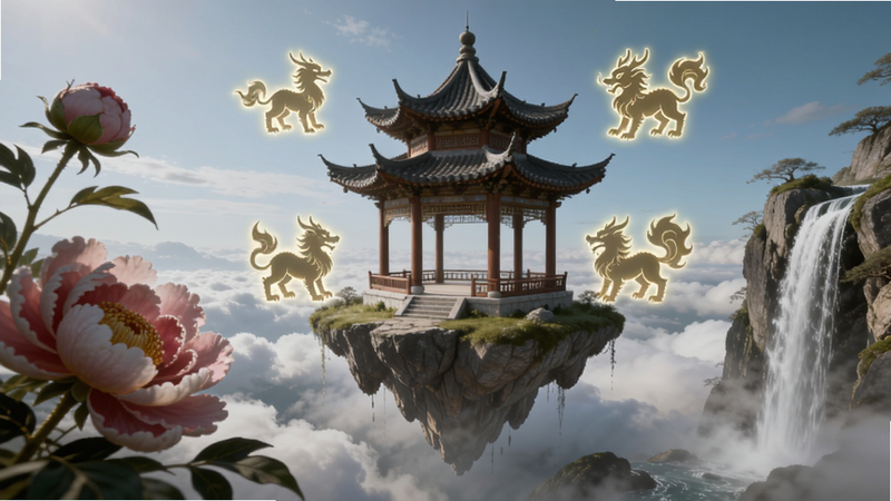 游戏内场景截图风格图,主体为一座悬浮在云海之上的古风亭台,周围环绕着发光的神兽剪影,左侧有巨大的牡丹花盛开,右侧是流水瀑布,布局平衡,排版精致,风格为写实国风插画,细节丰富,画质高清,干净无多余元素