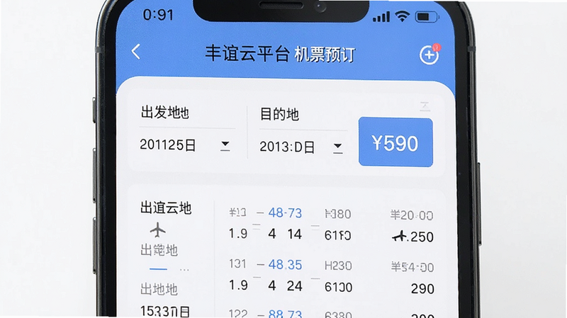 主体为手机屏幕特写,显示丰谊云平台App内的机票预订页面,布局为列表形式,包含出发地、目的地、日期选择和价格展示,排版紧凑高效,风格为简约白色背景搭配蓝色按钮,细节展示航班时刻表,画质清晰,干净无杂乱广告,文字内容为