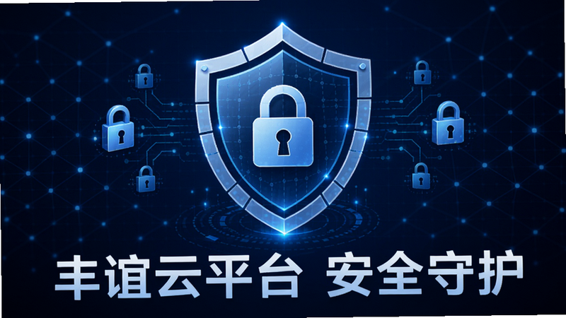 主体为抽象的安全盾牌图标,背景为深蓝色科技网格,布局为中心对称,排版稳重可靠,风格为数字化安全概念,细节展示数据锁和加密符号,画质精细,干净无干扰元素,文字内容为