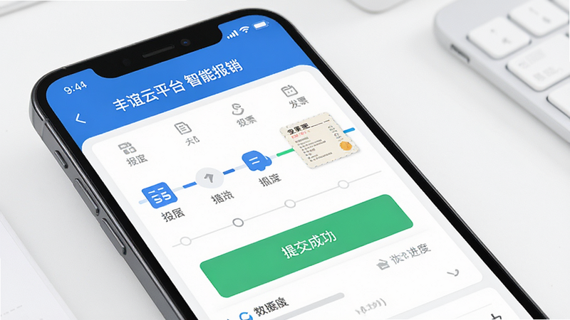 主体为手机屏幕,显示丰谊云平台App的报销中心界面,布局为步骤条形式,显示