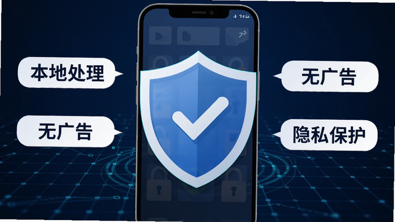 安全盾牌图标与手机界面结合的宣传图,盾牌中心显示对勾,周围环绕着“本地处理”、“无广告”、“隐私保护”等文字标签,背景为深蓝色科技感网格,风格专业可信,高清矢量风格