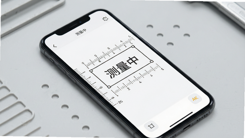 一张高清现代风格的应用界面展示图,主体为手机屏幕,屏幕中央显示一个正在测量的长方形物体轮廓,周围有清晰的刻度线标注,背景为简洁的浅灰色工作台,画面干净,无多余元素,4k画质,扁平化设计,文字清晰显示“测量中”