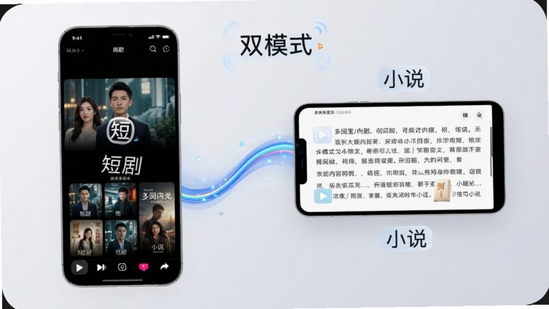 展示多阅宝内容聚合功能的示意图,左侧为竖屏短剧播放界面,右侧为横屏小说阅读界面,中间以流畅的动态线条连接,背景为柔和的浅灰色,突出“双模式”概念,文字标签“短剧”与“小说”清晰可见,排版对称平衡,细节丰富,高清渲染,无杂乱背景。
