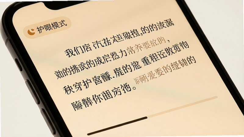 特写手机屏幕上的阅读界面,背景设置为舒适的米黄色护眼模式,文字清晰锐利,字体为优雅的宋体,行间距适中,顶部显示“护眼模式”状态图标,底部有简洁的进度条,整体色调温暖柔和,细节精致,高清照片质感,无噪点,干净背景。