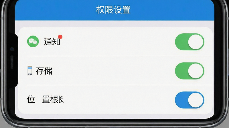 手机设置界面示意图,主体为权限管理页面,布局列表形式,排版整齐,风格系统原生,细节显示通知、存储、位置权限开关,文字显示