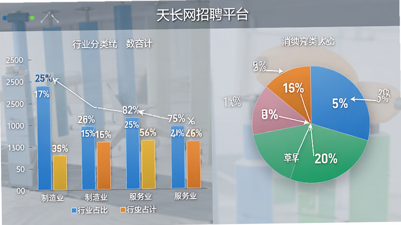 数据可视化图表,主体为天长网招聘平台的岗位分类统计图,布局左侧为柱状图,右侧为饼图,排版平衡,风格商务简约,细节展示不同行业占比,文字标注