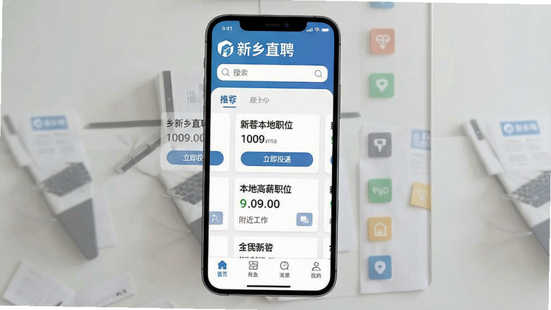 һ��չʾ������ֱƸ��APP��ҳ����ĸ����ͼ���ͼƬ������Ϊ�ֻ���Ļ������������������ʾ������ֱƸ��Logo�����������в�Ϊ�Ƽ��ı��ظ�нְλ��Ƭ���ײ�Ϊ�����������Ϊ�ִ���ƽ��UI��ƣ�ϸ�����������ʸ��壬�ɾ��޶���Ԫ�أ����ְ���������ֱƸ����������Ͷ�ݡ���������������