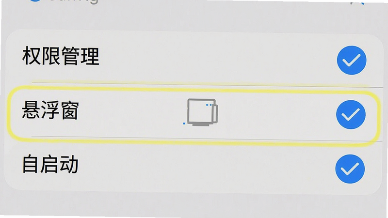 手机设置界面截图,高亮显示“权限管理”列表中的“悬浮窗”和“自启动”选项,主体清晰,布局上下结构,风格扁平化UI,细节包含勾选状态,画质高清,干净无干扰