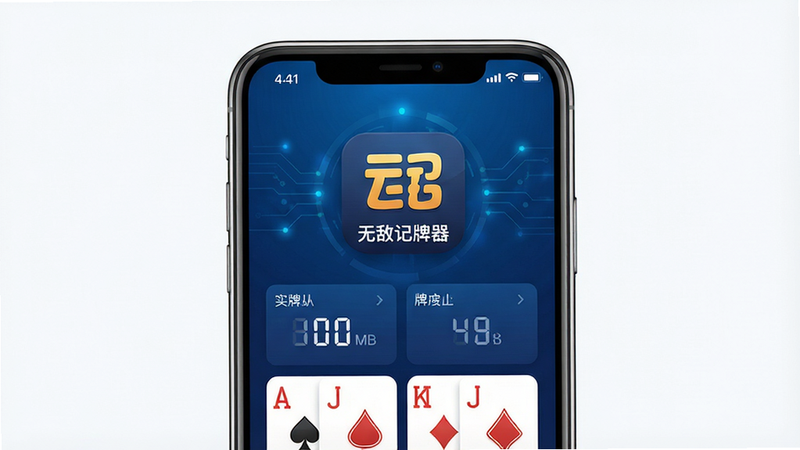 高清扁平化UI设计图,主体为手机屏幕界面,显示“无敌记牌器”应用图标及实时牌面统计面板,背景为深蓝色科技感渐变,布局居中,排版整洁,包含数字统计模块,风格现代简约,细节清晰,画质4k,干净无多余元素