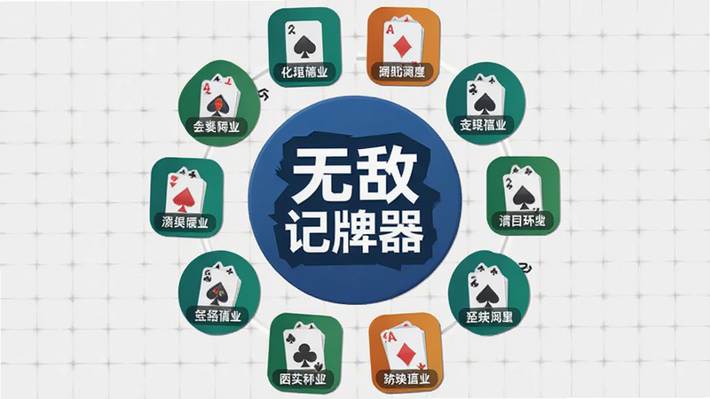 展示多款扑克游戏图标围绕中心“无敌记牌器”Logo排列,形成环形布局,象征广泛兼容性,背景为浅灰色网格,风格扁平化,细节包含游戏名称标签,画质高清,简洁明了,无杂乱元素
