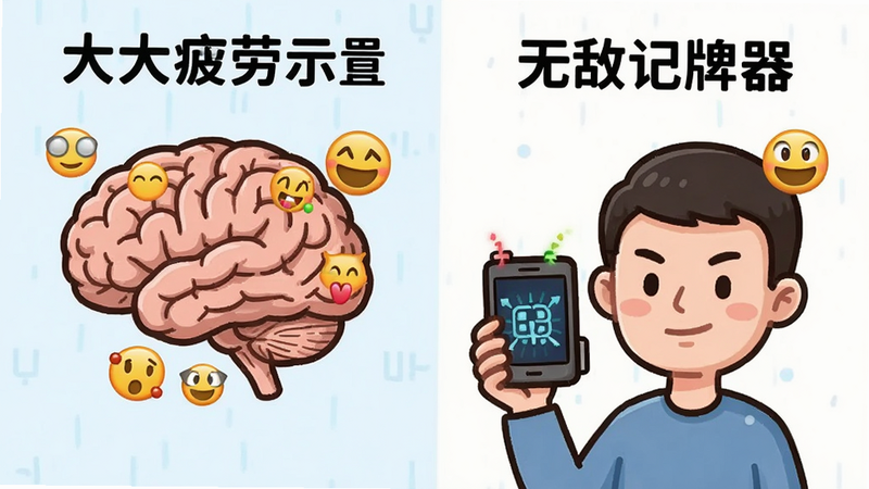 对比图表,左侧显示手动记牌的大脑疲劳示意图,右侧显示使用“无敌记牌器”后的轻松状态,主体为左右分屏布局,风格卡通科普,细节包含表情符号,画质清晰,干净背景