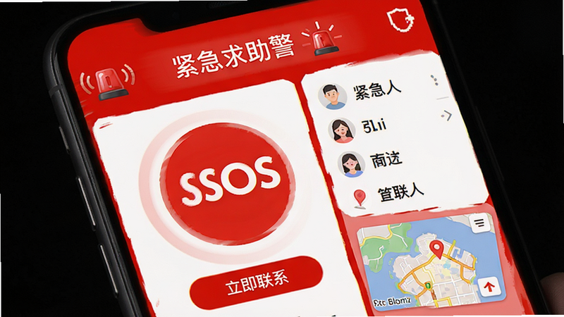 ����Ϊ�Ͼ�����APP�Ľ����������棬��������Ŀ�ĺ�ɫΪ��ɫ�����Ű�ͻ���޴��SOS��ť�������ϵ���б�����������ֱ�ۣ�ϸ�ڰ�����˸�ľ���ͼ���붨λ��ͼ����ͼ�����ʸ߶Աȶȣ��ɾ����޶���Ԫ�أ����ְ���