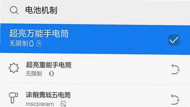 手机设置界面截图示意图,展示电池优化列表,其中“超亮万能手电筒”被勾选为“无限制”状态,界面简洁,蓝色高亮选中项,白色背景,清晰易读,UI设计风格统一