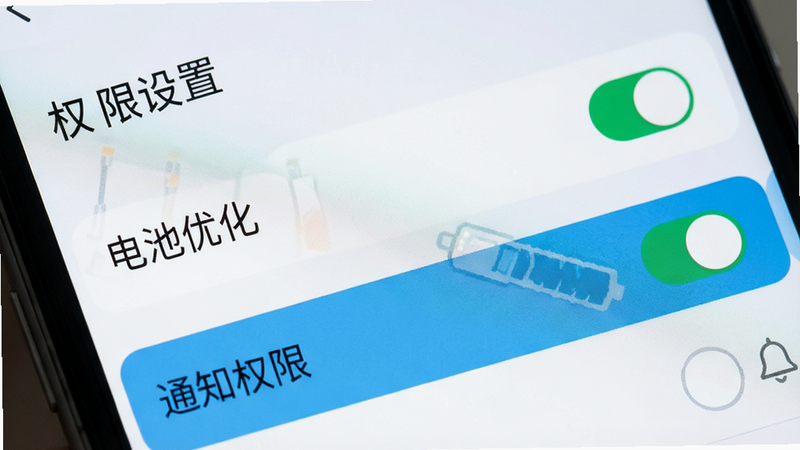 一个手机屏幕显示应用设置界面的特写,主体为“电池优化”和“通知权限”选项,布局清晰,排版简洁,风格扁平化,细节处包含开关按钮和高亮选项,画质清晰,干净,无多余元素,文字显示“权限设置”