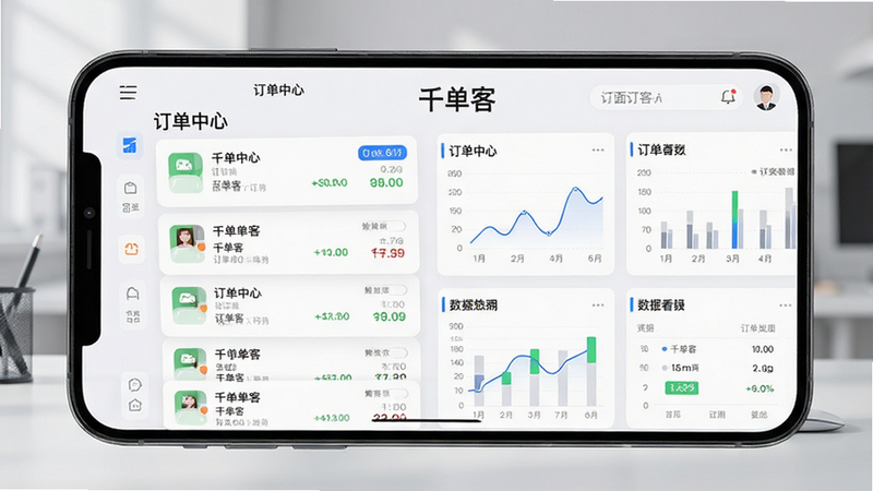 一张高清的移动端应用界面全景图,主体为“千单客”APP的主屏幕,布局清晰,左侧为订单列表,右侧为数据看板,排版整洁现代,风格简约商务,细节处体现数字化的订单卡片和图表,画质清晰,干净,无多余元素,文字显示“千单客”和“订单中心”