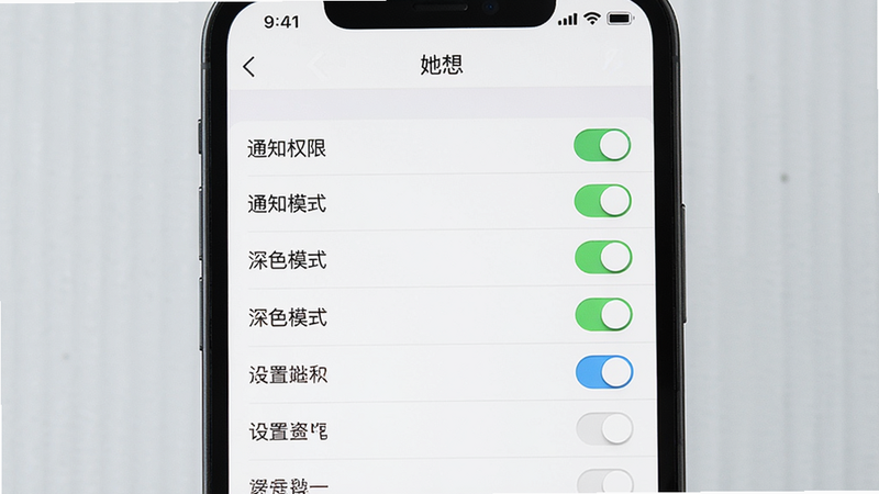 主体为手机屏幕显示“她想”APP的设置界面,布局为列表形式,左侧为设置项名称,右侧为开关或选项,排版整齐,风格简约现代,细节显示“通知权限”、“深色模式”等选项,文字清晰,画质高清,干净,无多余元素,alt=